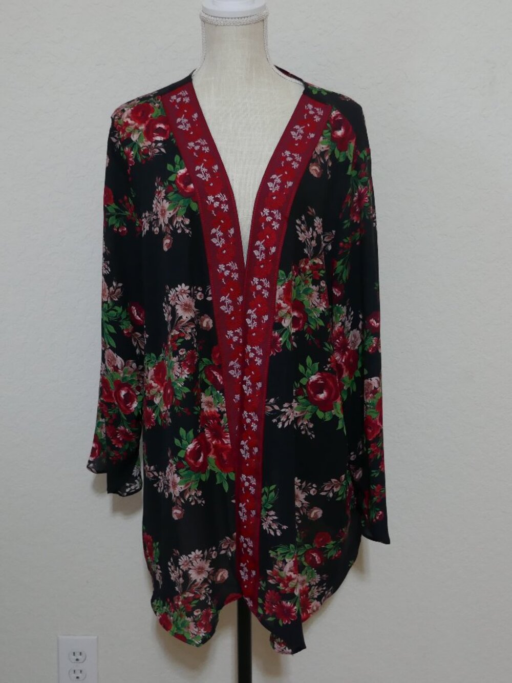 Pioneer Woman Floral Kimono Jacket XXL XXXL Sharkbite Duster Red Boho 2X 3X